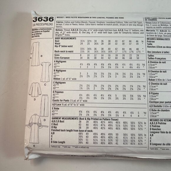 Simplicity 3636 Nightgown Pajamas Robe Karen Z Misses Miss Petite Sz 8-16 UNCUT - Picture 9 of 9